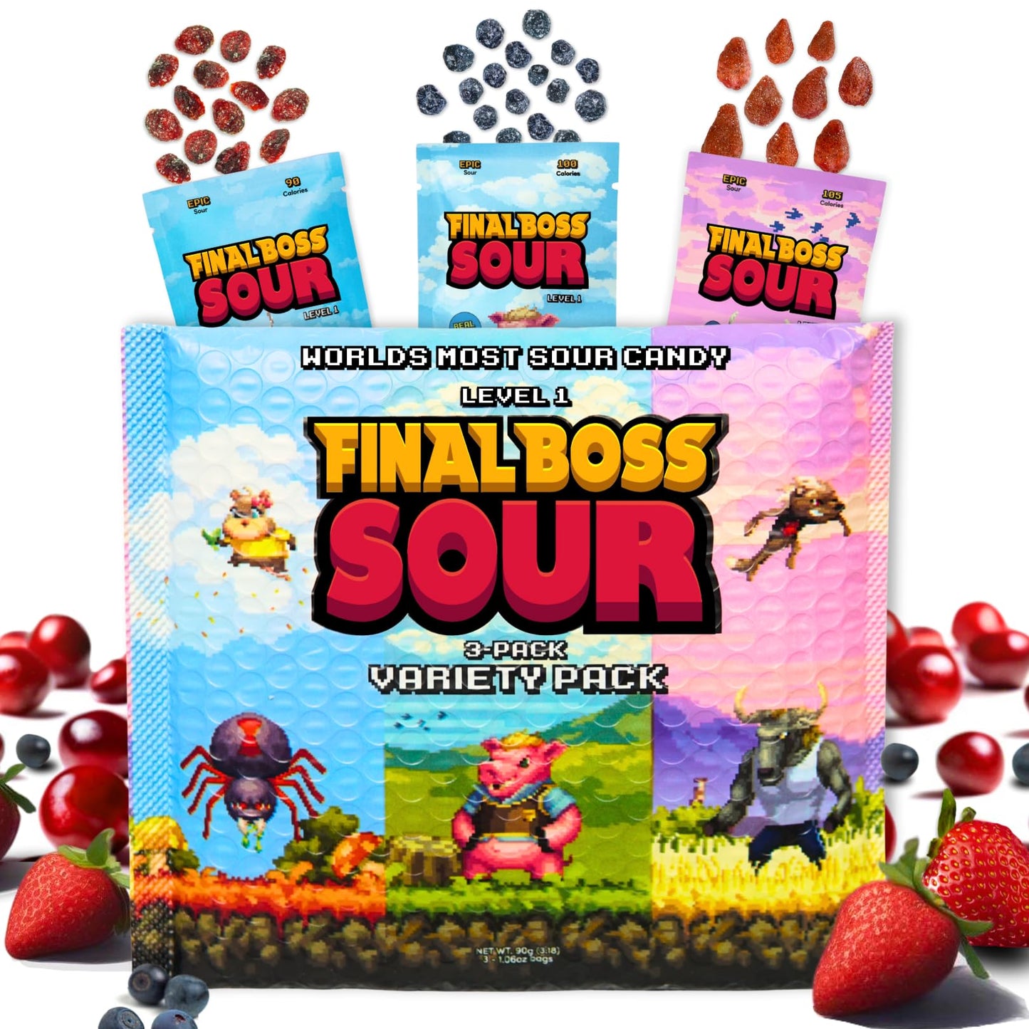 FINAL BOSS Sour Candy Minipacks - Extreme Sour Fruit Chews, 3 Pack, Low Calorie Snack