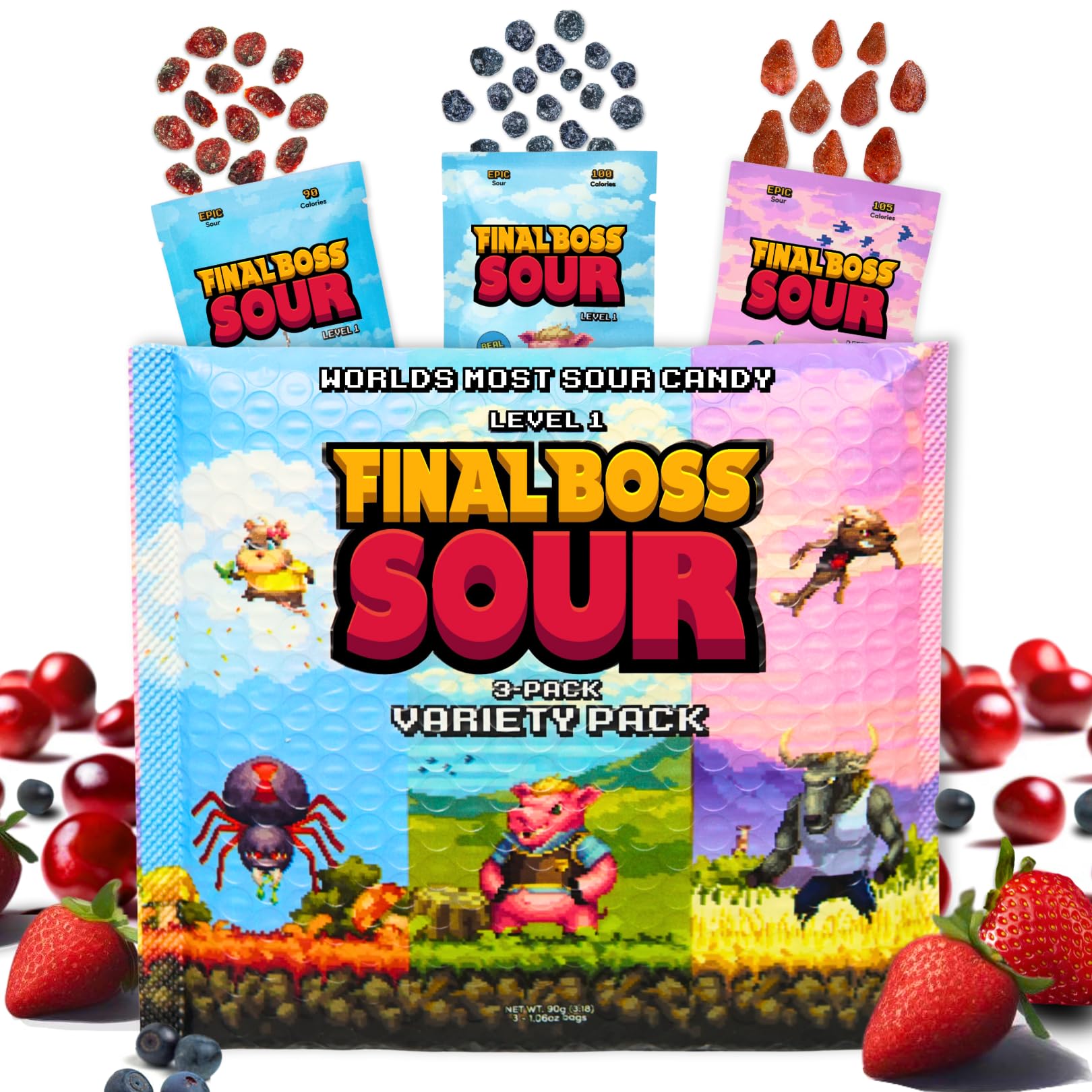 FINAL BOSS Sour Candy Minipacks - Extreme Sour Fruit Chews, 3 Pack, Low Calorie Snack