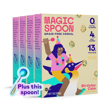Magic Spoon Cereal - Birthday Cake 4-Pack Of Cereal And Spoon - Keto & Low Carb Lifestyles, Gluten & Grain Free, High Protein, 0