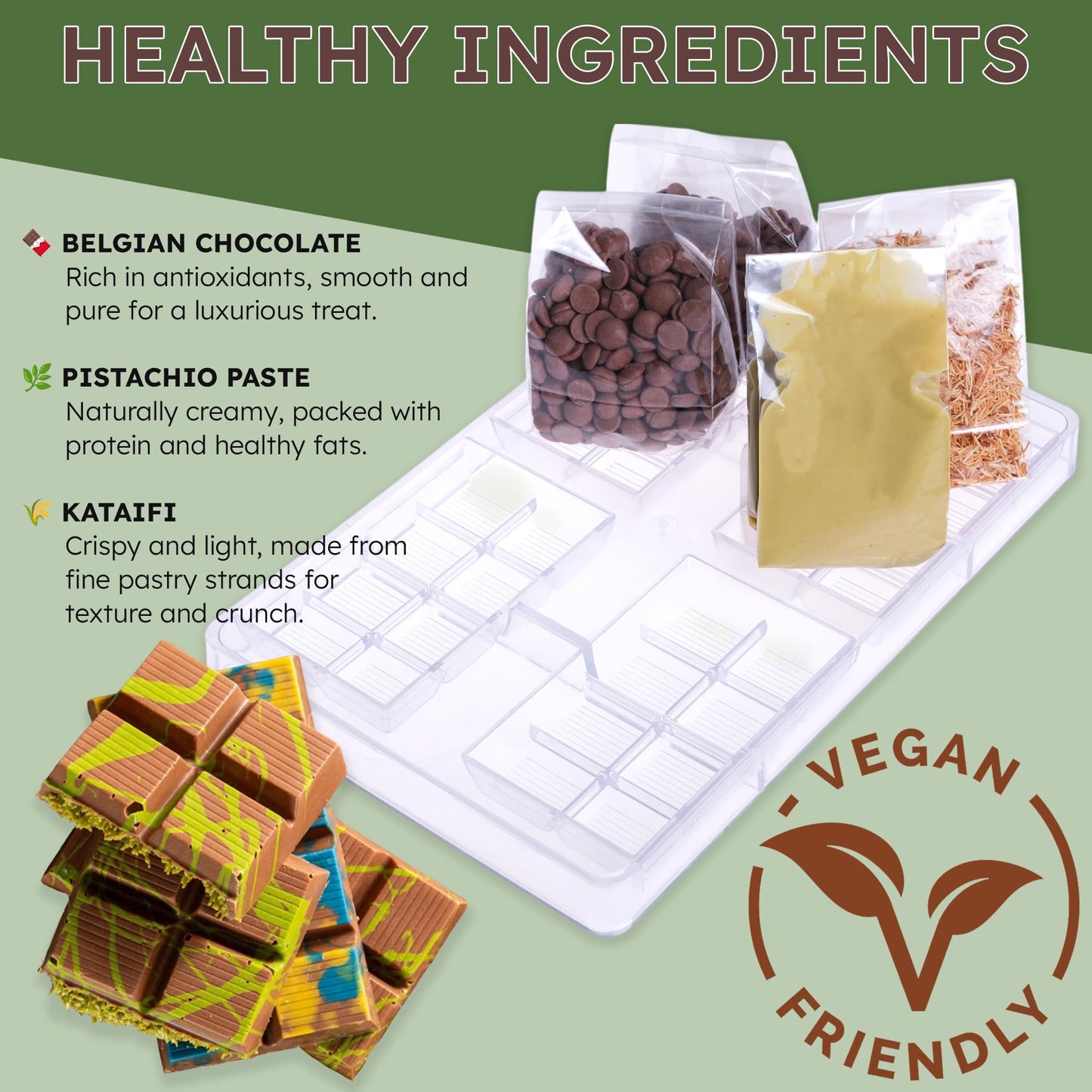 Dubai Chocolate Bar Kit  DIY Make Four Bars (16 Oz Belgian Choco  8.5 Oz Pistachio Cream  4-Piece Polycarbonate Mold  3.5 Oz Dried Kataifi)  DIY Dubai Pistachio Chocolate Kit  All-in-One Gift for Choco Lovers