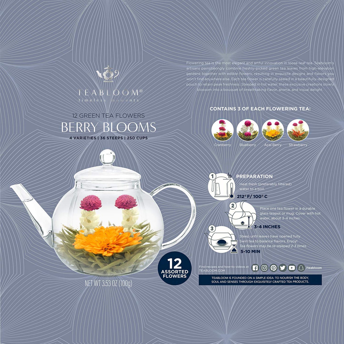 Teabloom Flowering Teas - 12 Assorted Berry Flavors - Premium Green Tea - 3.52 Ounce Pack