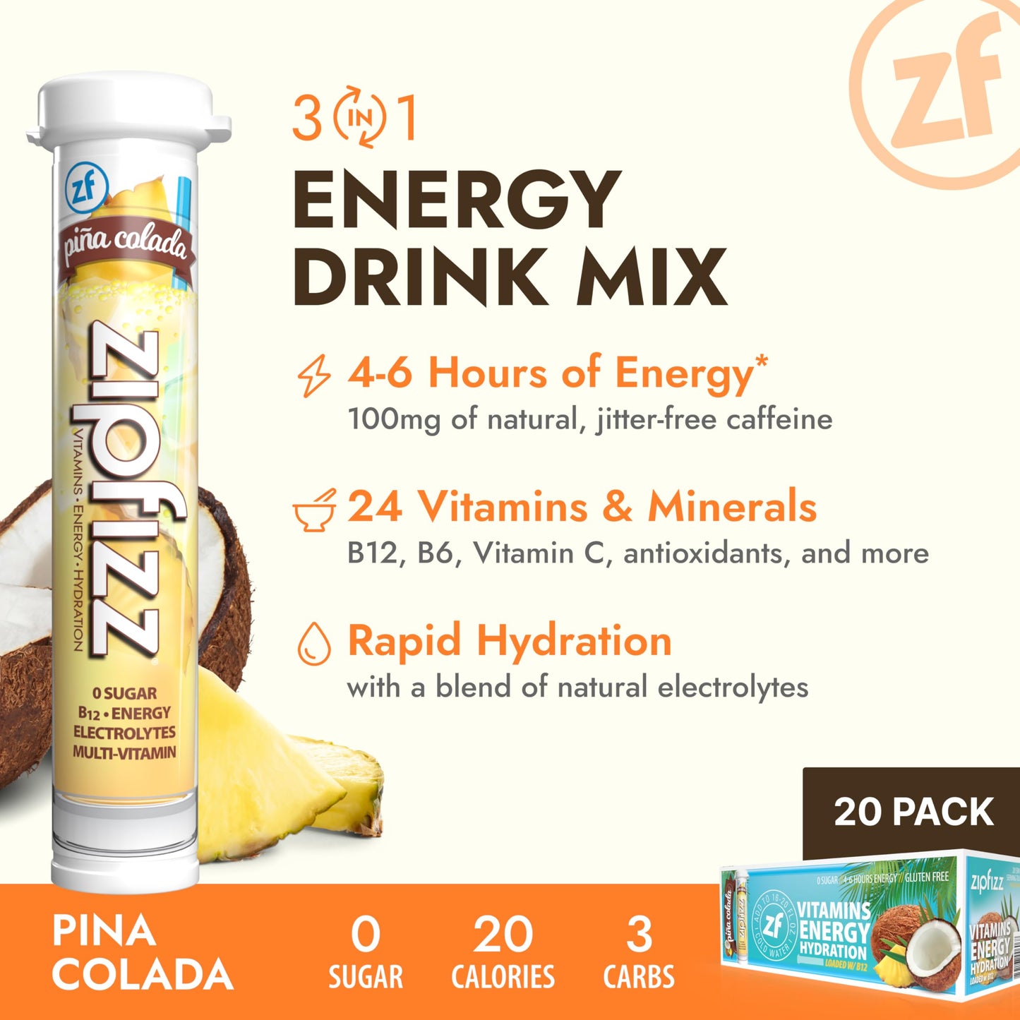 Zipfizz Daily Energy Drink Powder, Sugar-Free Electrolyte, 20 Pack, 0.39 Ounce Each, Pina Colada Flavor