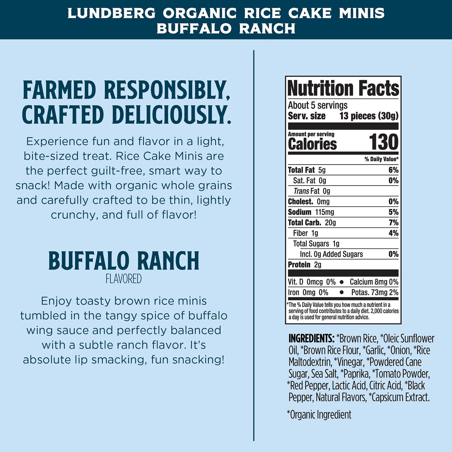 Lundberg Organic Buffalo Ranch Rice Cake Minis 5Oz Gluten-Free Whole Grain Vegan Usda Certified Organic Non-Gmo Project Verified