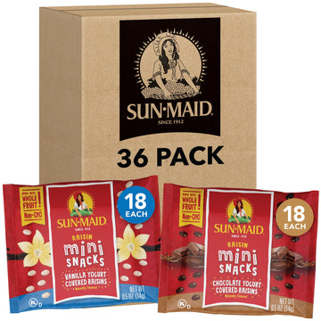 Sun-Maid Vanilla & Chocolate Yogurt Coated Raisins Variety Pack - (36 Pack) 0.5 Oz Mini Snack-Size Bag - Yogurt Covered Dried Fr