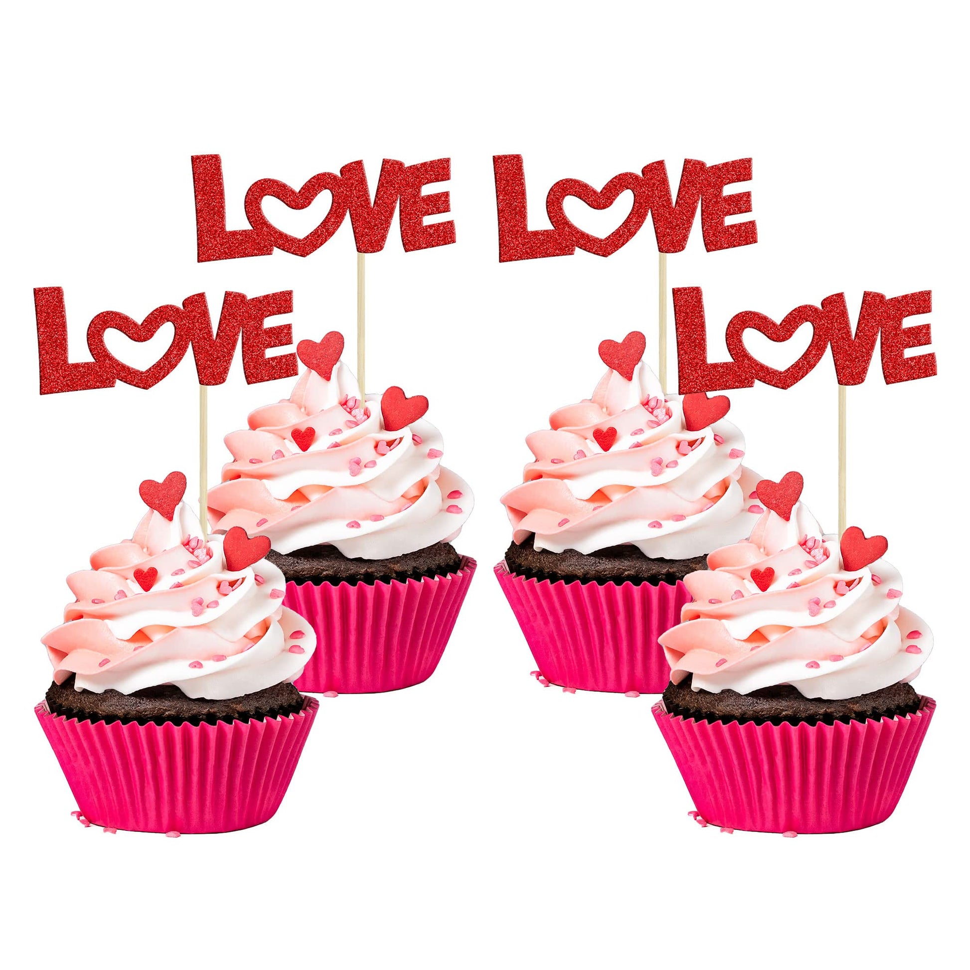 24Pcs Valentine'S Day Love Cupcake Toppers Glitter Pink Bow Sweet Love Cupcake Picks Valentine'S Day Theme Wedding Engagement Br