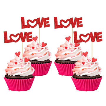 24Pcs Valentine'S Day Love Cupcake Toppers Glitter Pink Bow Sweet Love Cupcake Picks Valentine'S Day Theme Wedding Engagement Br