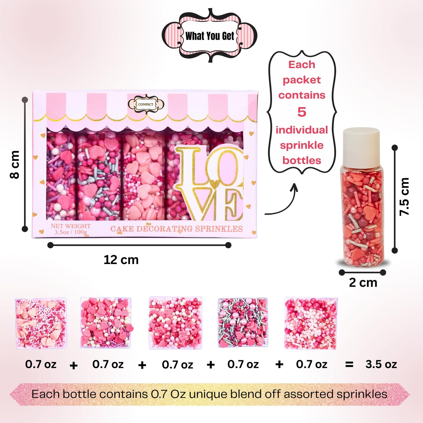 Confect Pretty In Pink & White Pearl Sprinkles Mix - Edible Heart & Star Sprinkles For Cakes, Cupcakes, Cookies - Birthday & Bak