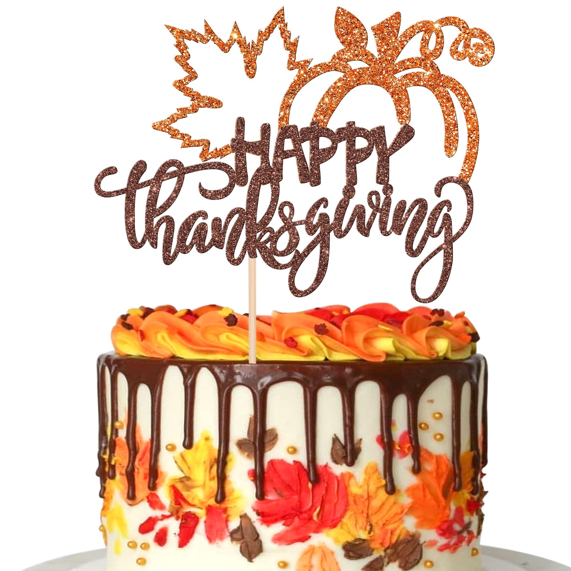 1 Pcs Happy Thanksgiving Cake Topper Glitter Maple Leaf Pumpkin Happy Friendsgiving Cake Pick Fall Harvest Give Thanks Cake Deco