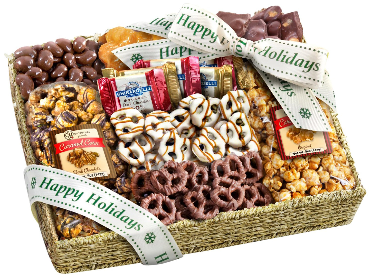 A Gift Inside Happy Holidays Chocolate Caramel And Crunch Grand Gift Basket