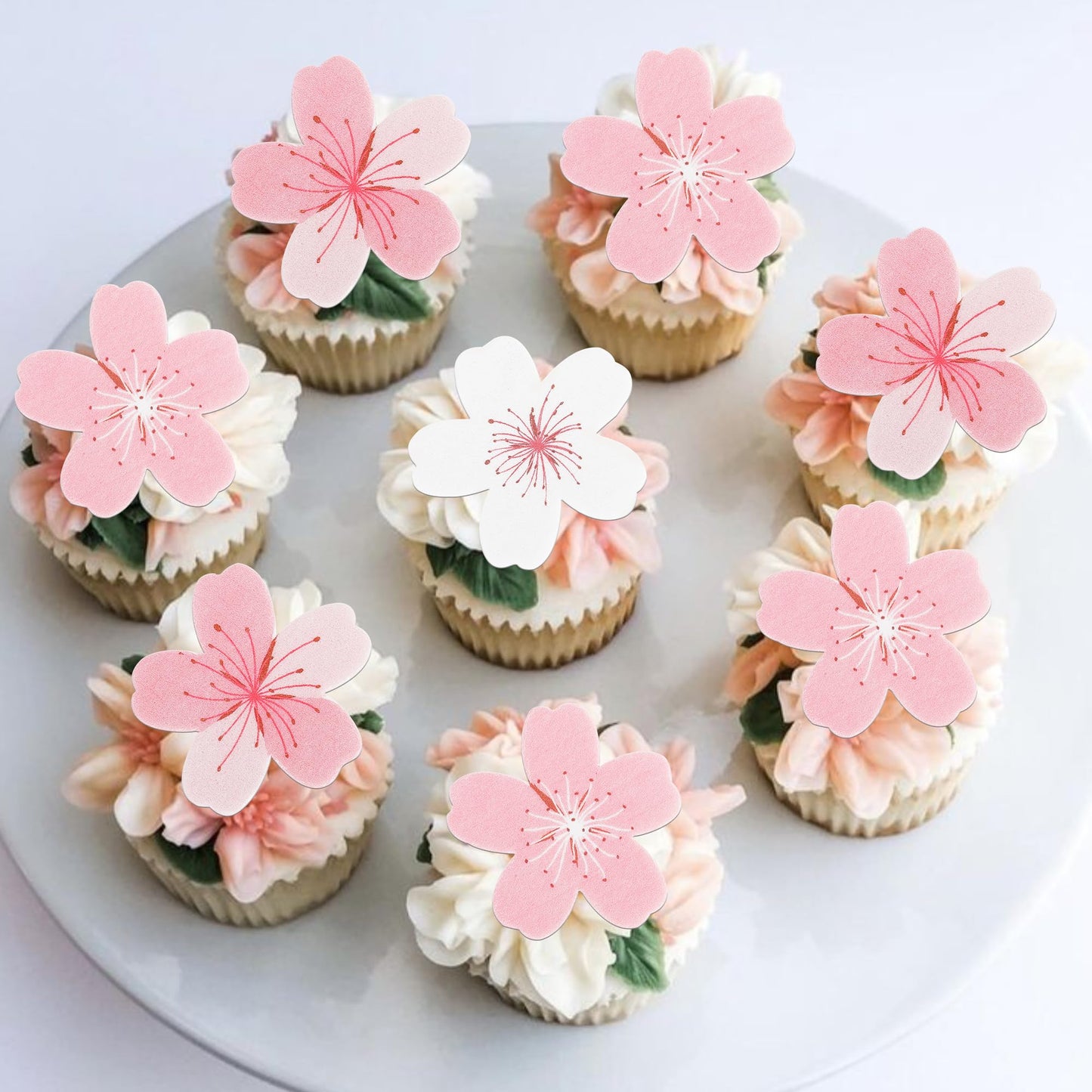 ZHUOWEISM 60 PCS Pink Edible Cherry Blossoms Flowers Cake Decorations, Wafer Paper Cupcake Toppers for Baby Shower & Birthday Party