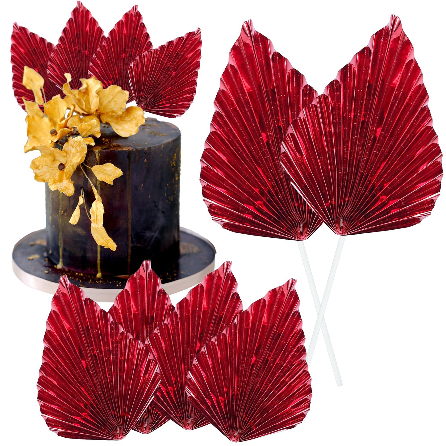 Gyufise Paper Palm Fan Cake Toppers, Light Red, 4.7x5.1 inches, Model ZN0680-16, Ideal for Birthday and Wedding Party Decorations