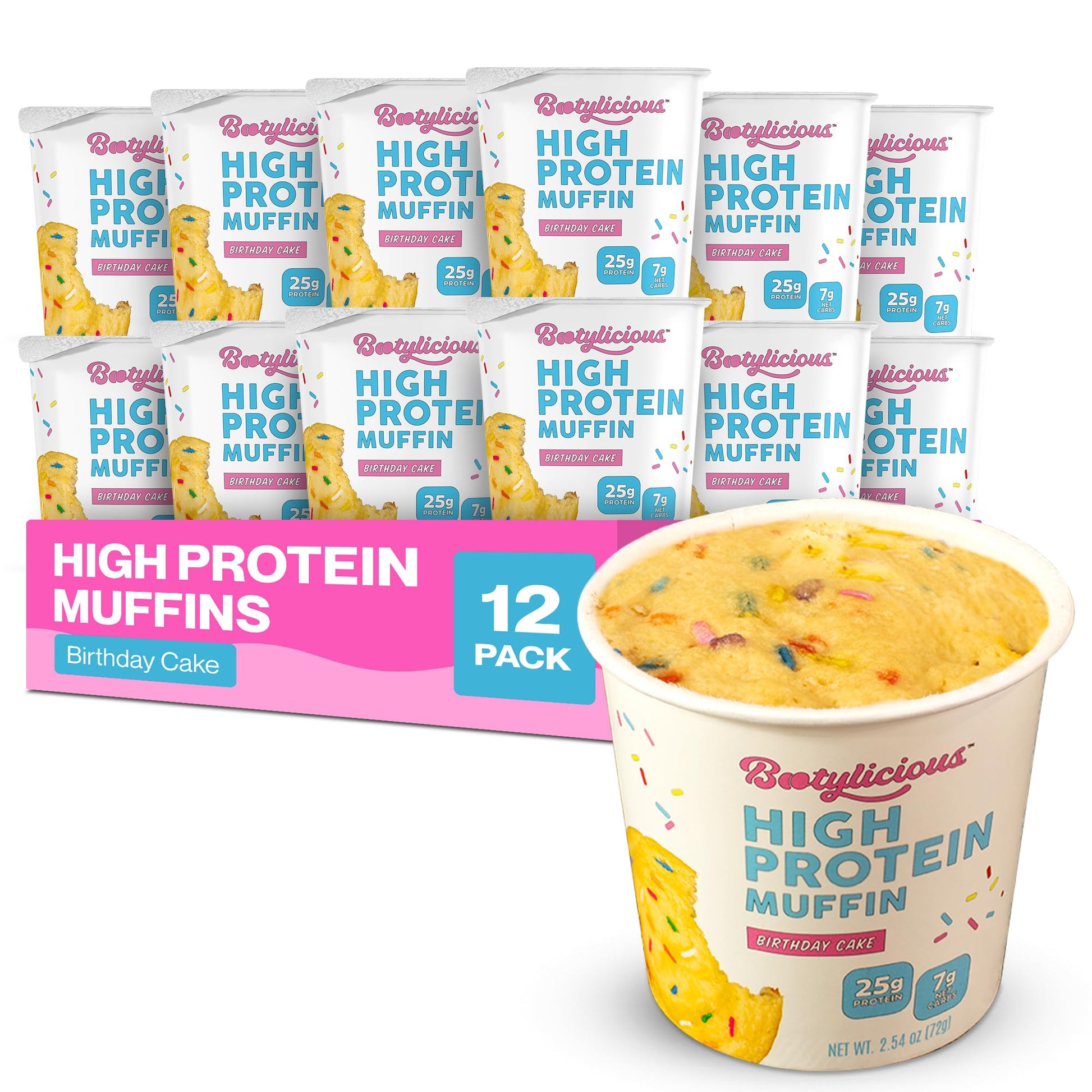 Bootylicious | High-Protein Muffin | 25g Protein, 7g Net Carbs, 2.32-2.75oz Cup, 12-Pack (Birthday Cake)