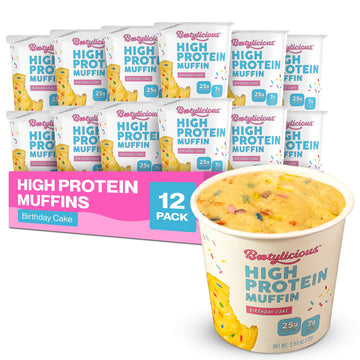 Bootylicious | High-Protein Muffin | 25g Protein, 7g Net Carbs, 2.32-2.75oz Cup, 12-Pack (Birthday Cake)