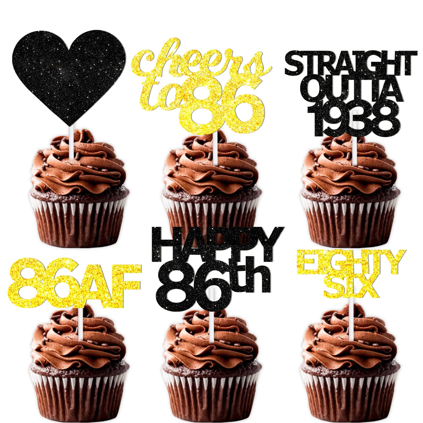 18pcs Black Gold Glitter Dessert Cupcake Pick for Straight Outta 1938 Cheer to 86 Years Old Theme Decor Supplies Happy 86th Birt