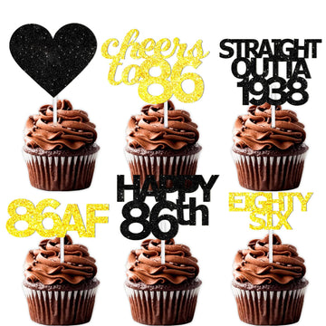 18pcs Black Gold Glitter Dessert Cupcake Pick for Straight Outta 1938 Cheer to 86 Years Old Theme Decor Supplies Happy 86th Birt