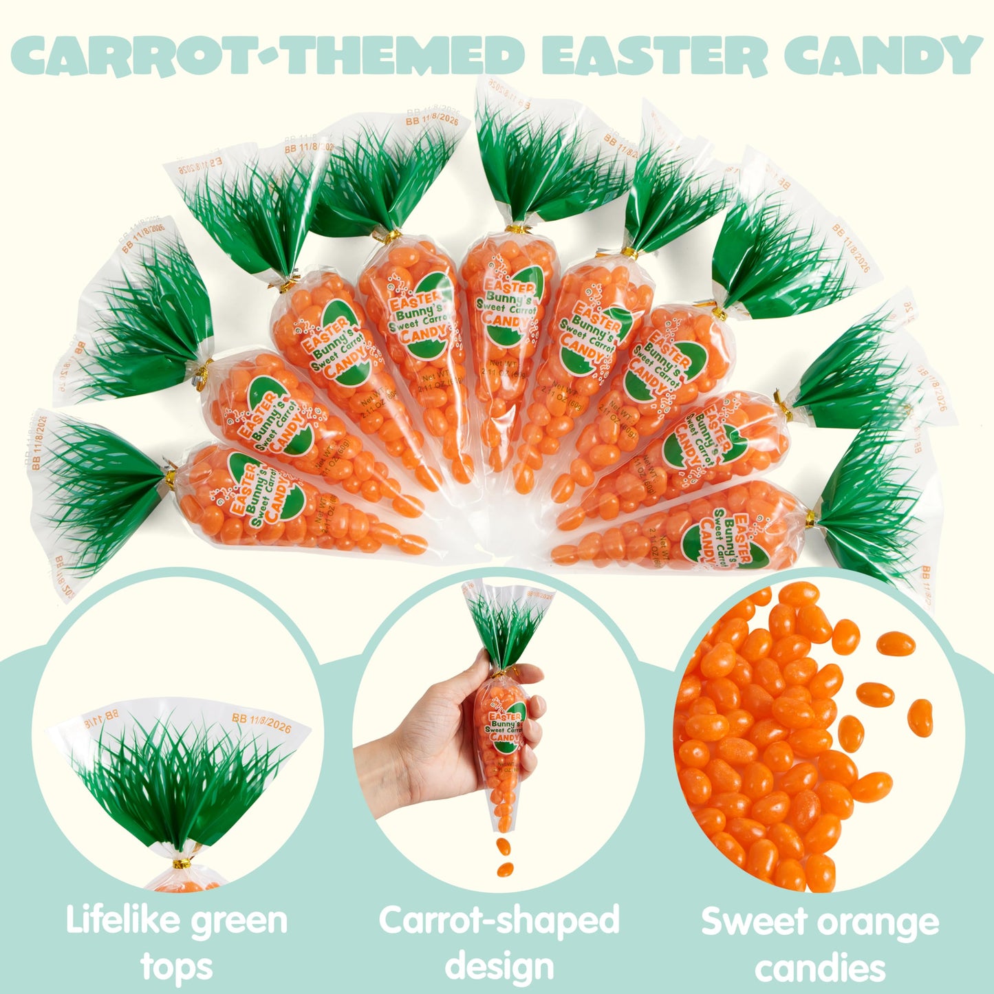 Syncfun 12 Pcs Easter Candy With Carrot Bags, Filled Candy With Jelly Beans, Prefilled Easter Fillers For Kids, Basket Fillers,