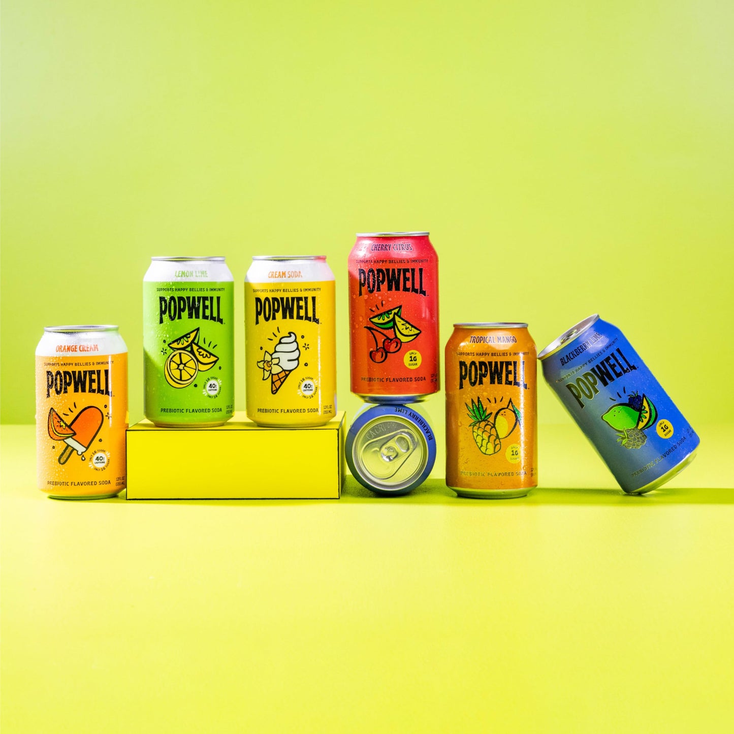 Popwell Prebiotic Soda, Tropical Mango Flavor, 6g Fiber, 1g Sugar, 12 Fl Oz Cans, Pack of 12