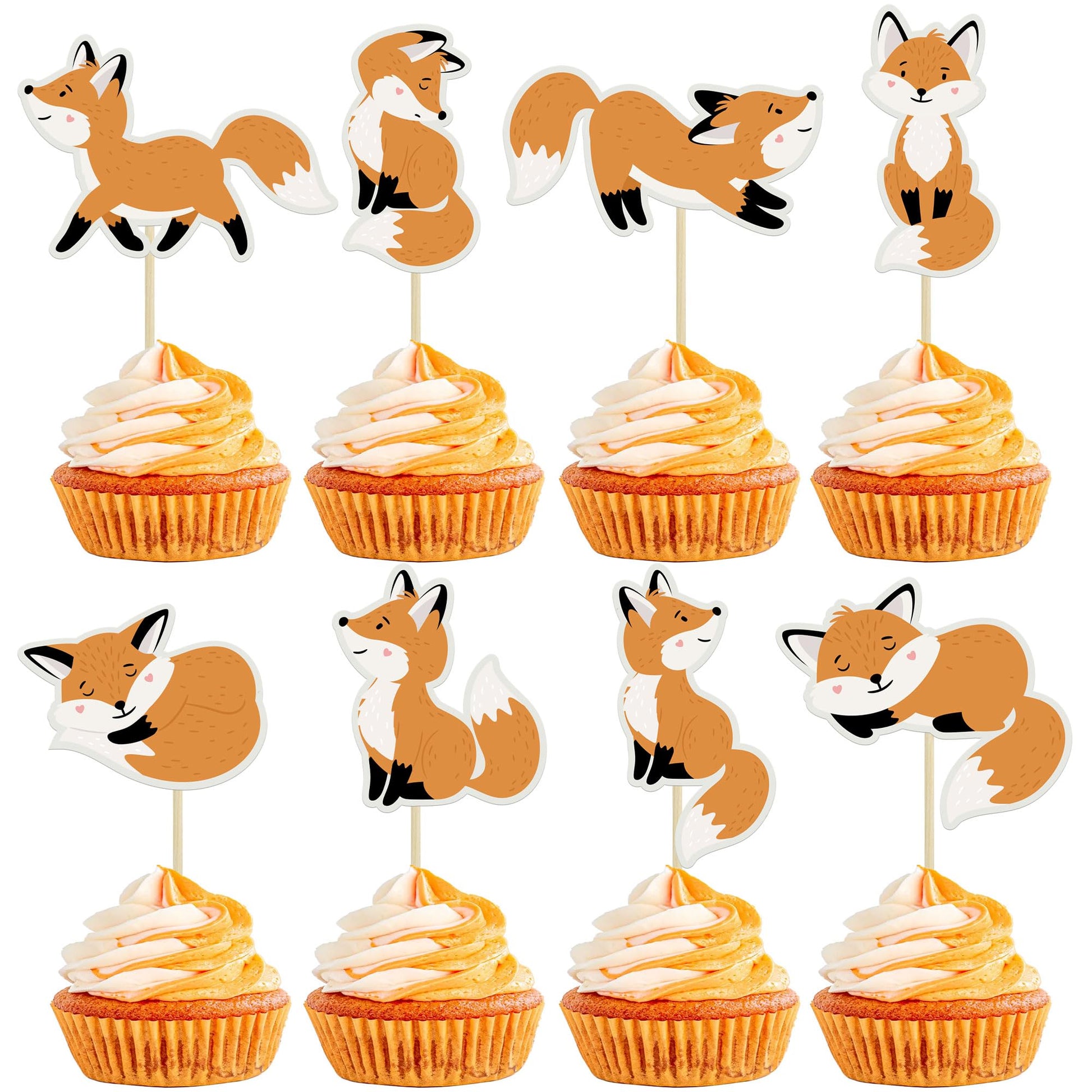 Gyufise 32Pcs Fox Cupcake Toppers Animal Babyshower Cake Picks For Woodland Animal Themed Baby Shower Birthday Party Table Decor