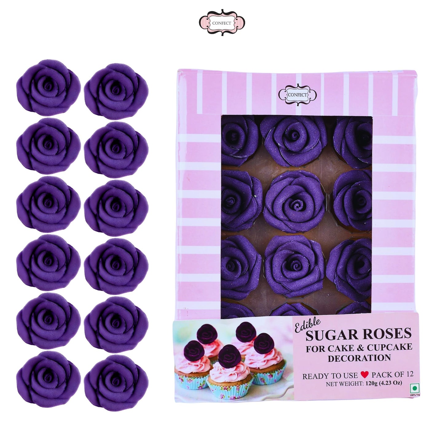 Confect Edible Rose Topper -Edible True Purple Rose Toppers For Cake & Cupcake - Edible Roses For Desserts- Vegan, Gluten-Free,