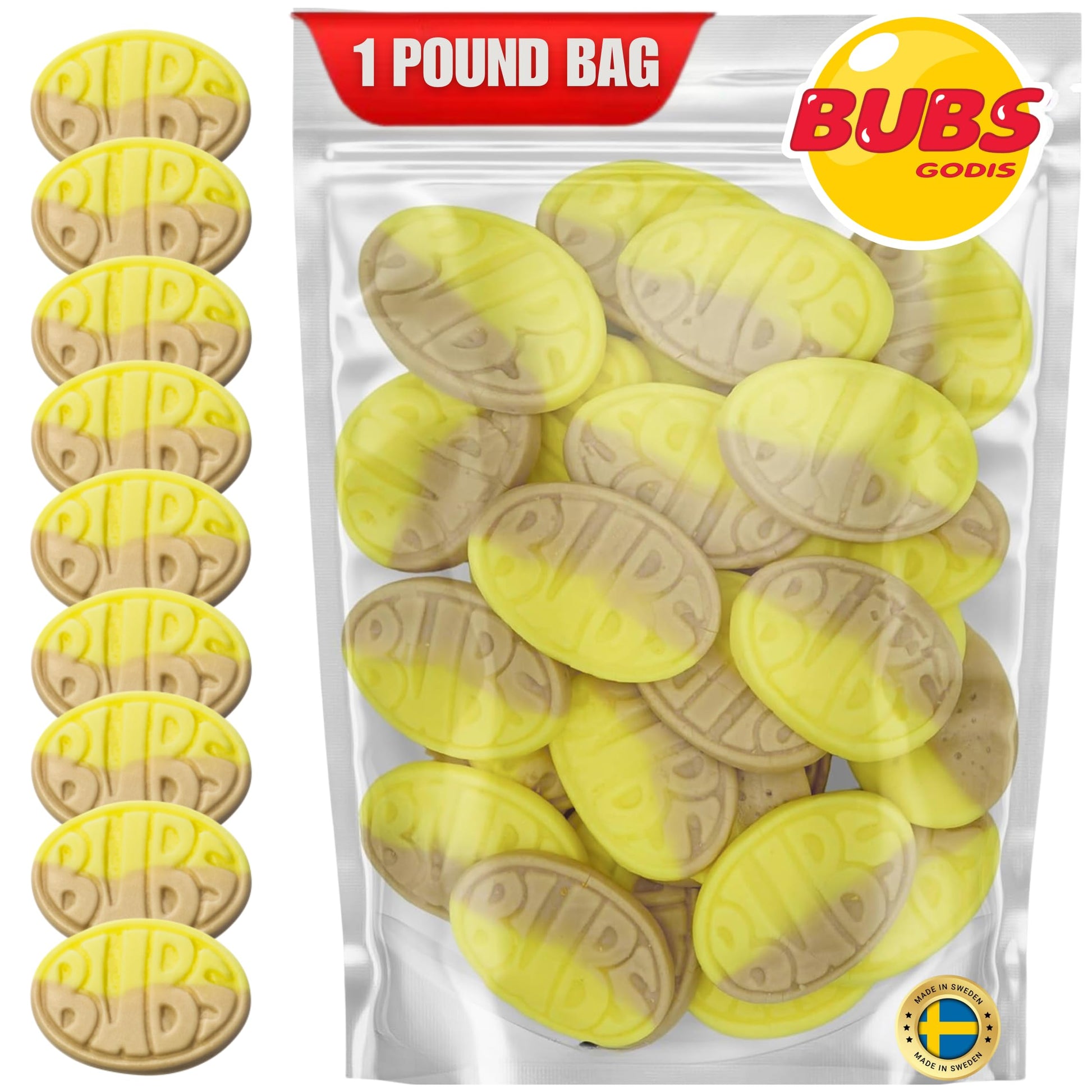 Bubs Banana Sweet Ovals. 1 POUND of Banana Toffee Caramel Soft & Chewy Swedish Candy  Marshmallow Gummy Hybrid. Vegan  Gluten and Gelatin Free Foam Godis. Packed and Imported From Sweden by Nrdiq Candy.