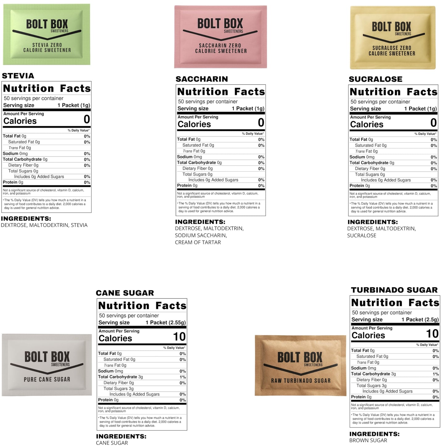 (300 total, 50 each) Bolt Box Sugar & Sugar Substitute Packets Box