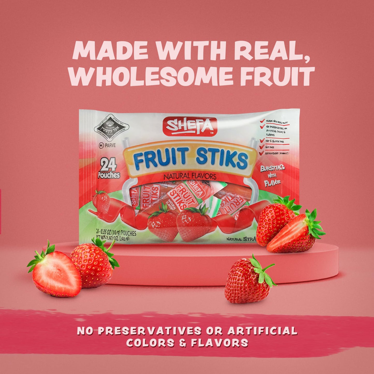 Shefa Strawberry Fruit Sticks, (24 Count) | Real Fruit Snacks | Individually Wrapped | Free Of Artificial Colors, Dyes Or Flavor