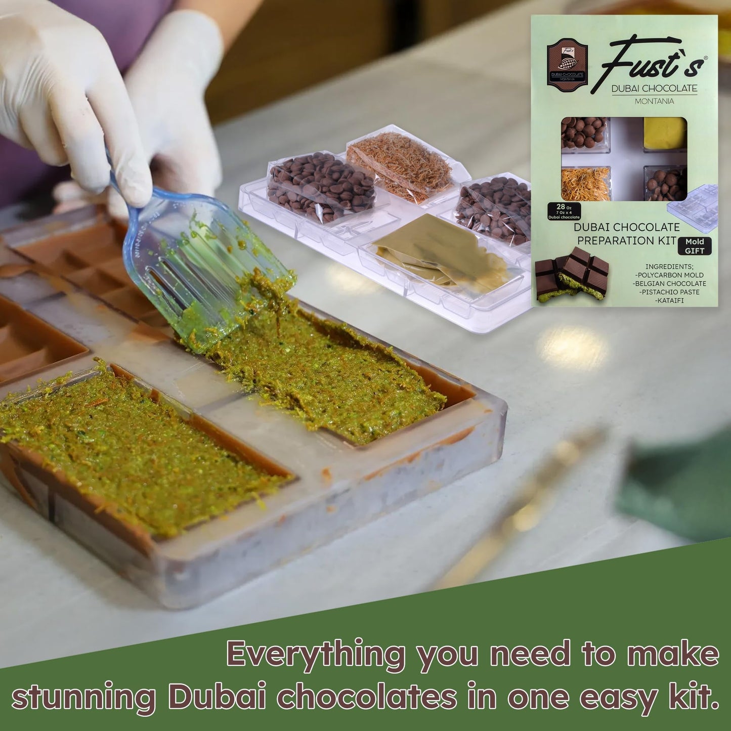 Dubai Chocolate Bar Kit  DIY Make Four Bars (16 Oz Belgian Choco  8.5 Oz Pistachio Cream  4-Piece Polycarbonate Mold  3.5 Oz Dried Kataifi)  DIY Dubai Pistachio Chocolate Kit  All-in-One Gift for Choco Lovers