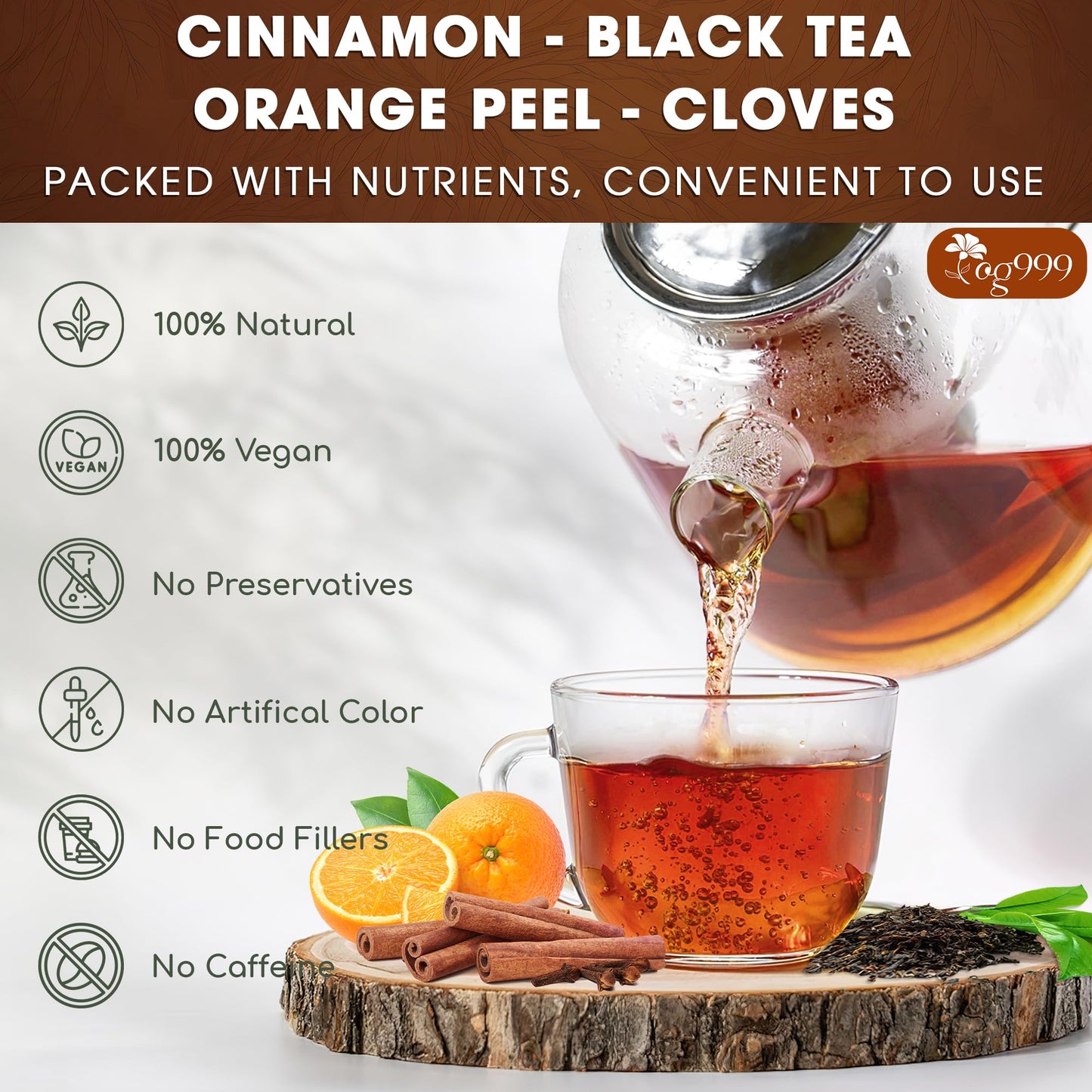 TOG999 Cinnamon Tea Bags - Special Blend with Black Tea, Orange Peel & Cloves, 60 Bags, 100% Natural Ingredients, Eco-conscious, Vegan