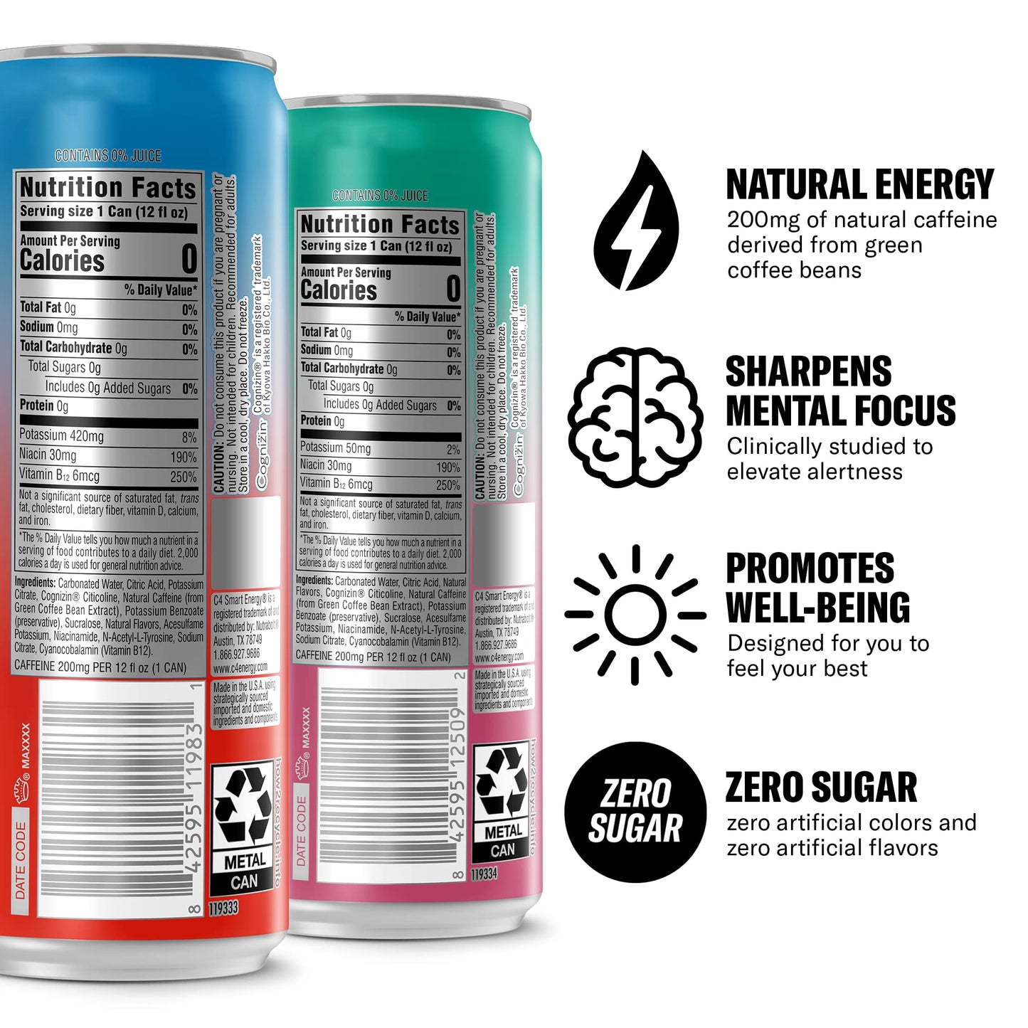 Cellucor C4 Smart Energy Drinks Variety Pack, Sugar Free, 12 Fl Oz, 12 Pack, 4 Flavor Berry Breeze