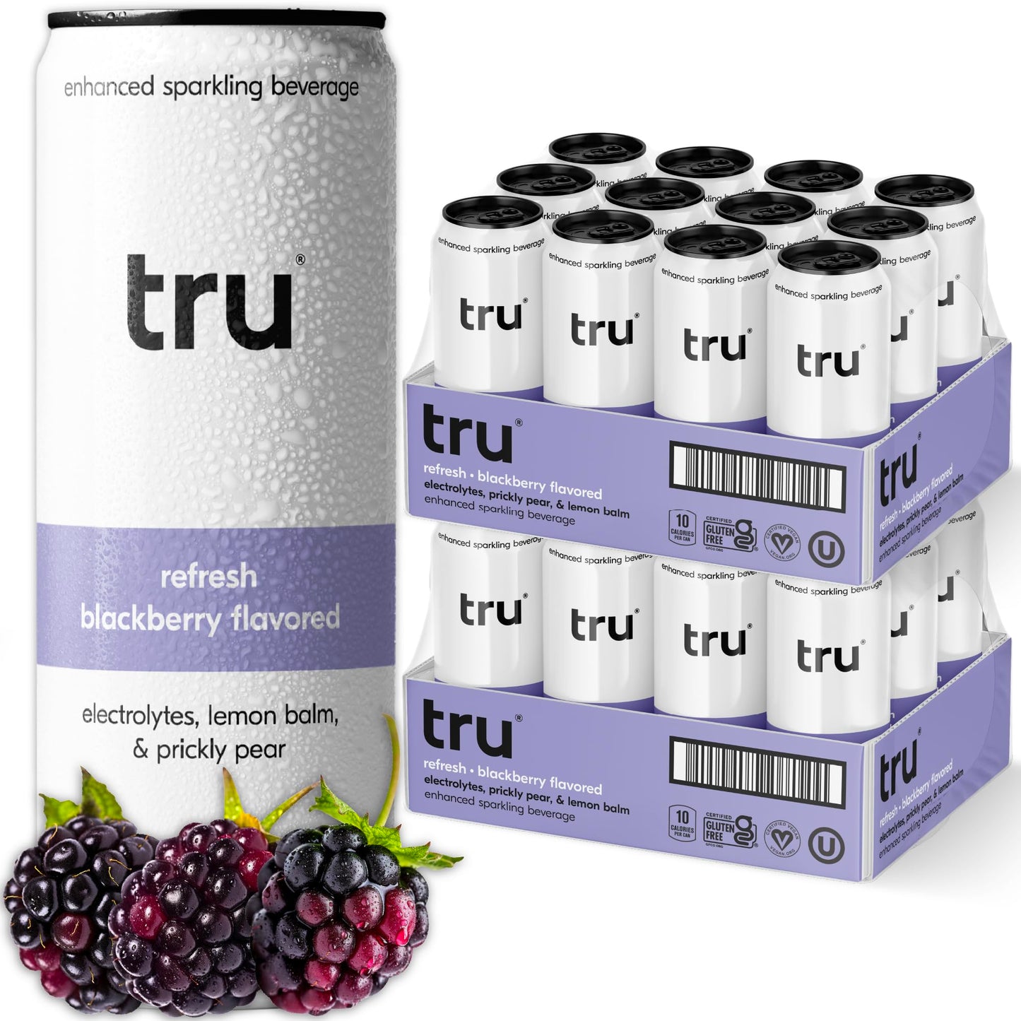 Tru Refresh Seltzer Sparkling Water with Electrolytes, Prickly Pear & Blackberry Juice, 12 FL OZ Cans, 12 Pack, Gluten Free, Vegan