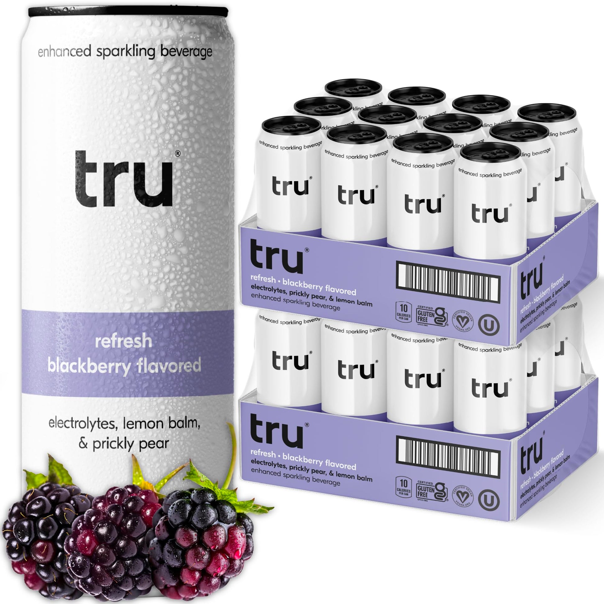 Tru Refresh Seltzer Sparkling Water with Electrolytes, Prickly Pear & Blackberry Juice, 12 FL OZ Cans, 12 Pack, Gluten Free, Vegan