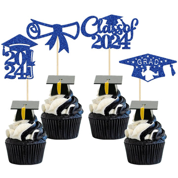 Gyufise 24Pcs 2024 Graduation Cupcake Toppers Deep Blue Glitter Class Of 2024 Diploma Congrats Grad Cap Cupcake Picks 2024 Gradu