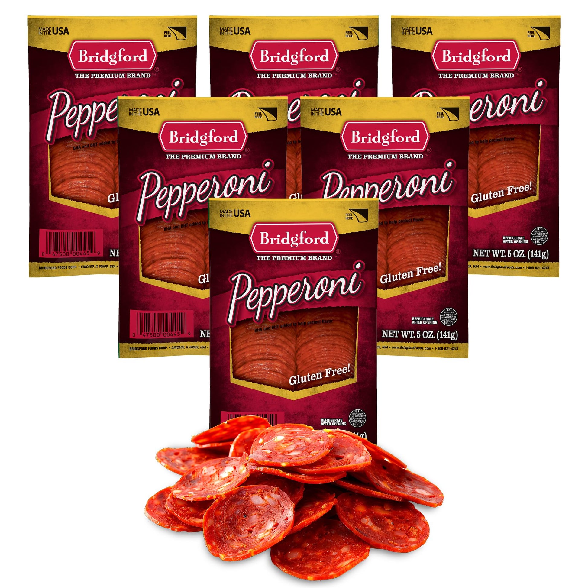 Bridgford Sliced Pepperoni - Gluten-Free, Zero Carb, Ready-to-Eat - 5 oz Pack of 6