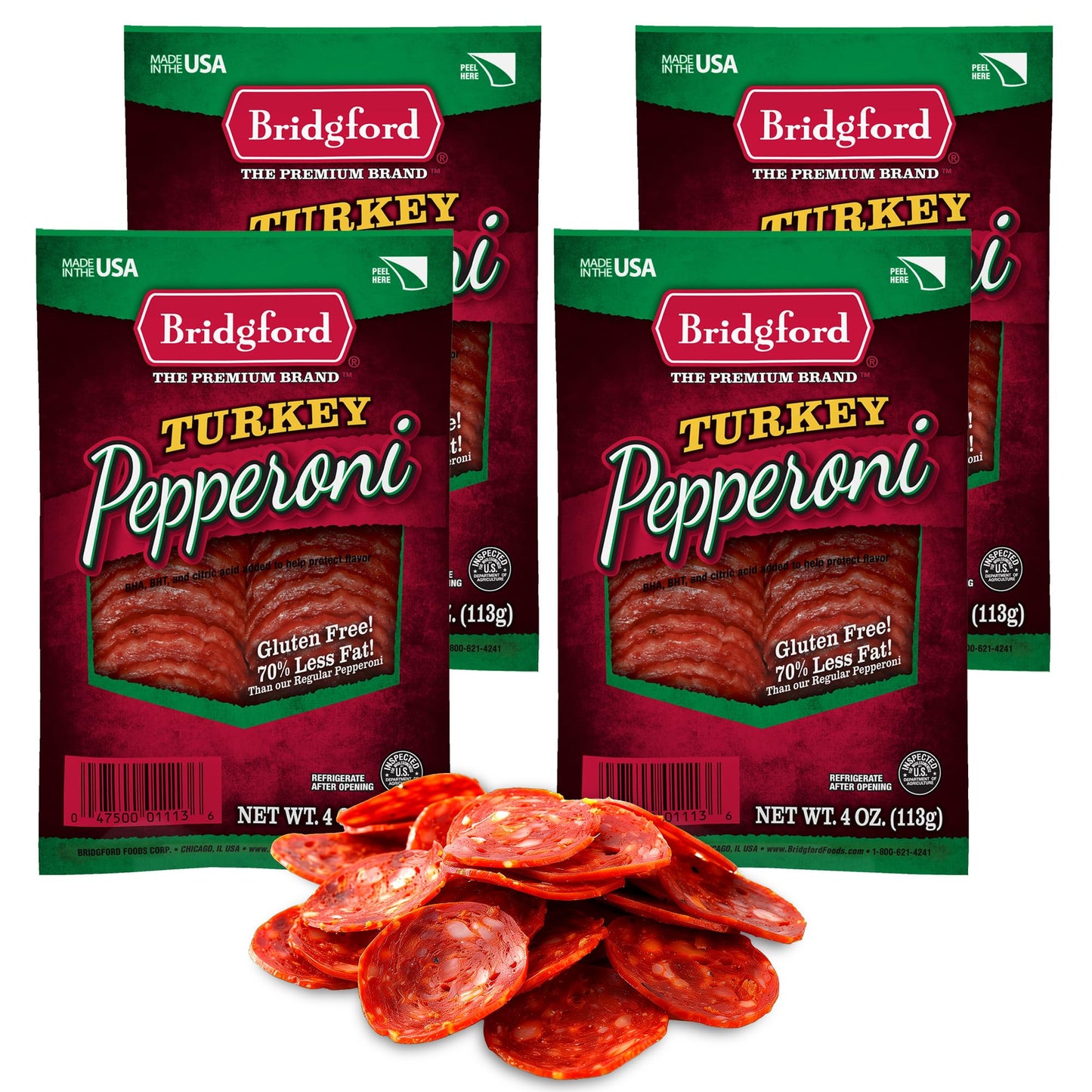 Bridgford Sliced Turkey Pepperoni - Ready-to-Eat Snack - 4 oz Pack of 4 - Naturally Smoked, Low-Carb Keto Friendly
