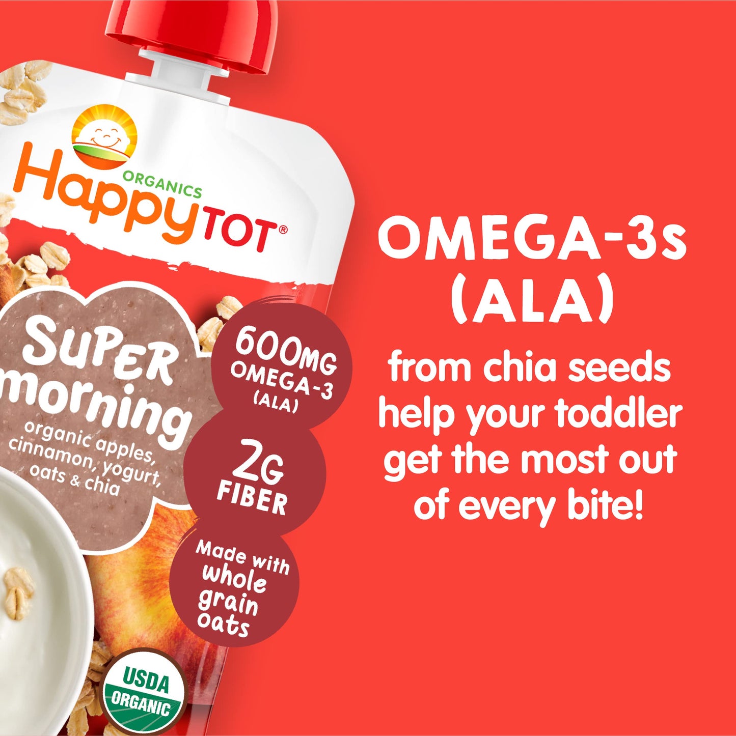 Happy Tot Organics Stage 4 Baby Food Pouches, Gluten Free, Super Morning Fruit & Oat Blend, Apple, Cinnamon, Yogurt, Oats & Chia