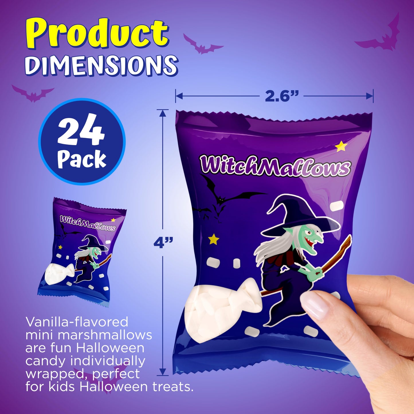 4Es Novelty 24 Pack Halloween Mini Marshmallows Indvidually Wrapped Vanilla Flavor - Halloweens Candy for Kids in Bulk  Snacks for Trick or Treat  17 Marshmallows in Each Bag (Witchmallows)