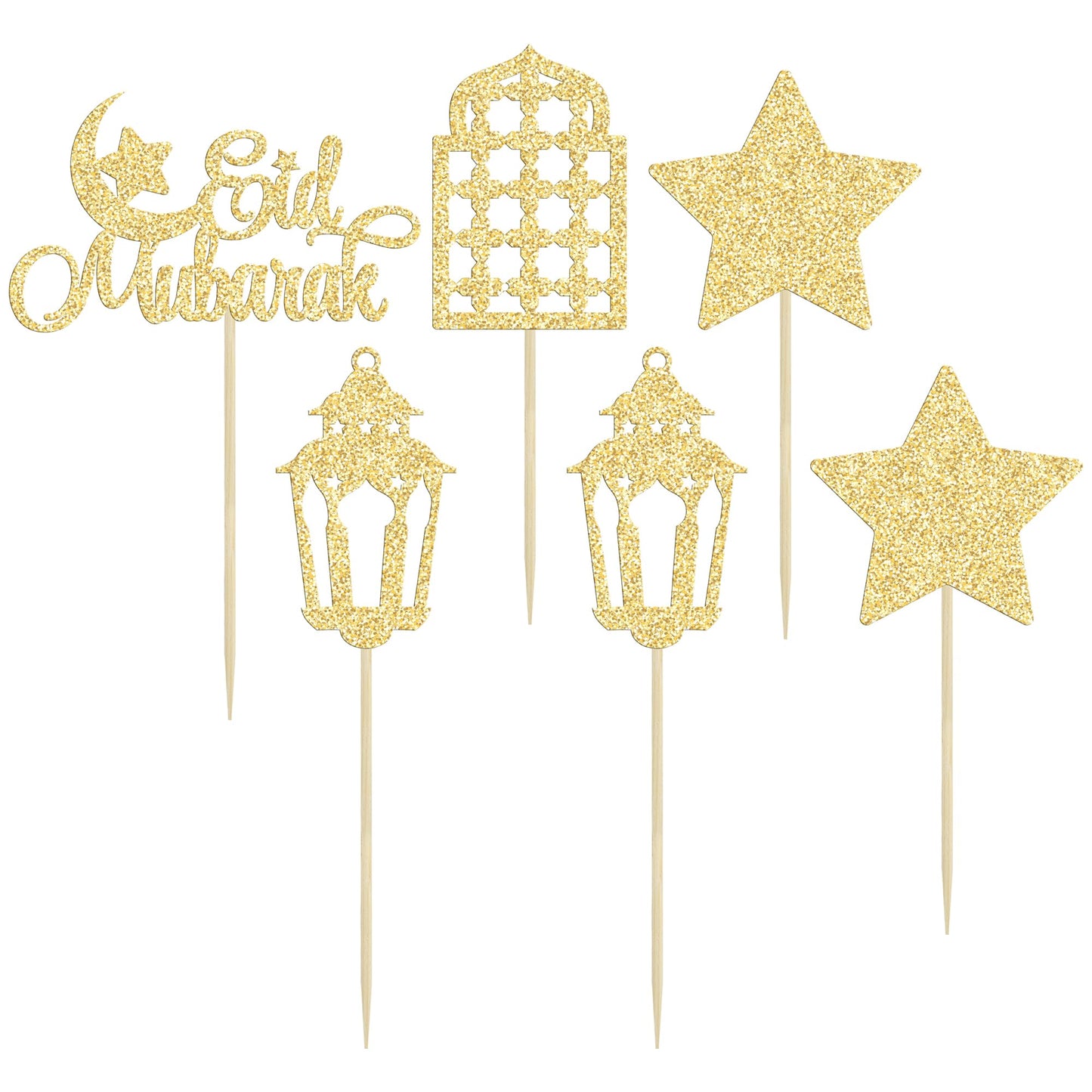 Gyufise 24Pcs Happy Eid Mubarak Cupcake Toppers Glitter Star Ramadan Kareem Cupcake Pick Moon Star Eid Islamic Muslim Theme Party Cake Decoration Supplies Gold