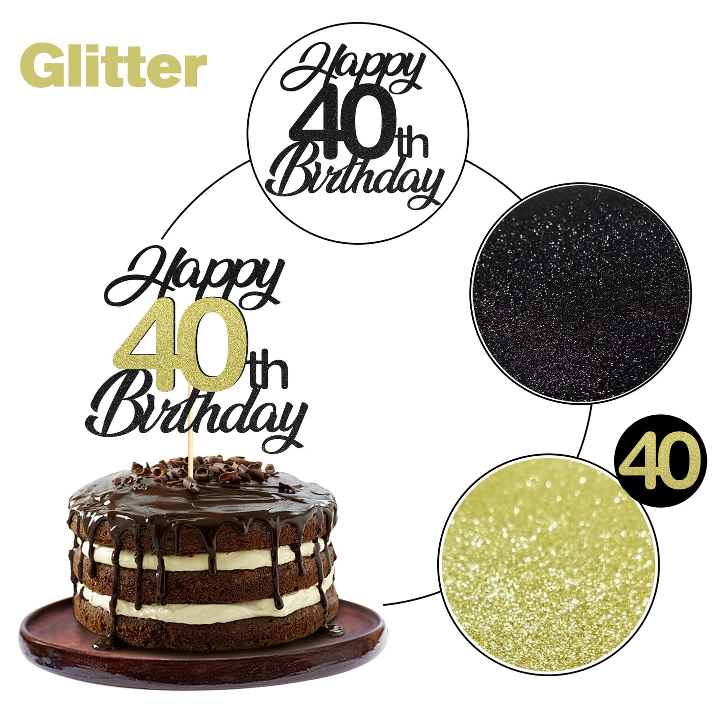 Sumerk Happy 40Th Birthday Cake Toppers Black & Gold Glitter 40Th Birthday Cake Decorations 40 Cake Topper For Birthday Party