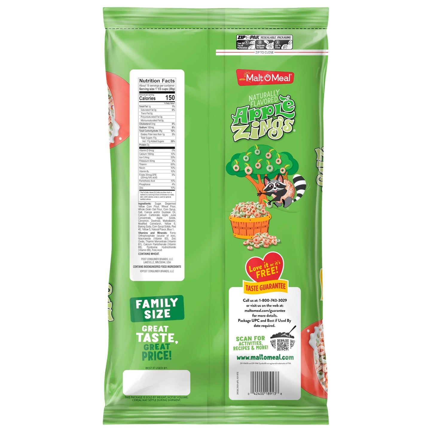 Malt-O-Meal Apple Zings Breakfast Cereal, Apple and Cinnamon Cereal Rings, Large Cereal for Family, 24.4 OZ Bag