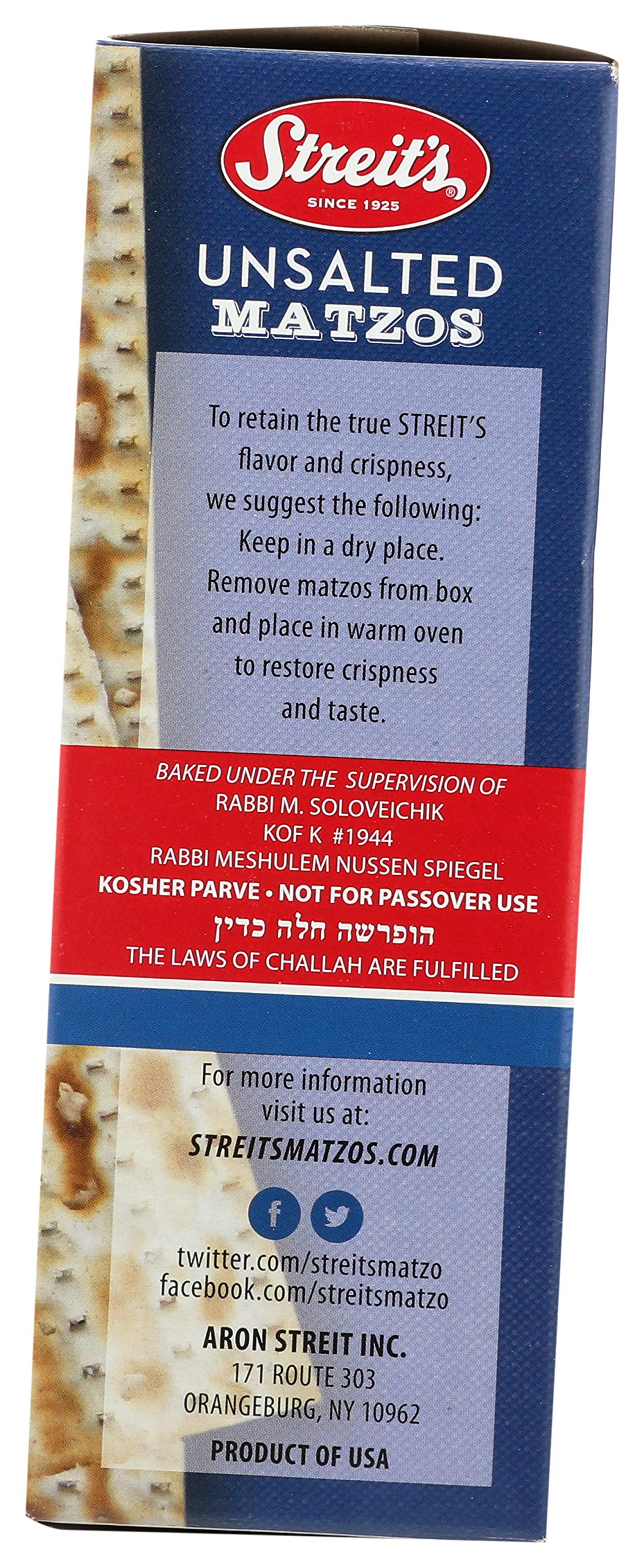 Streits Unsalted Matzos, 11 Ounce -- 12 Per Case.