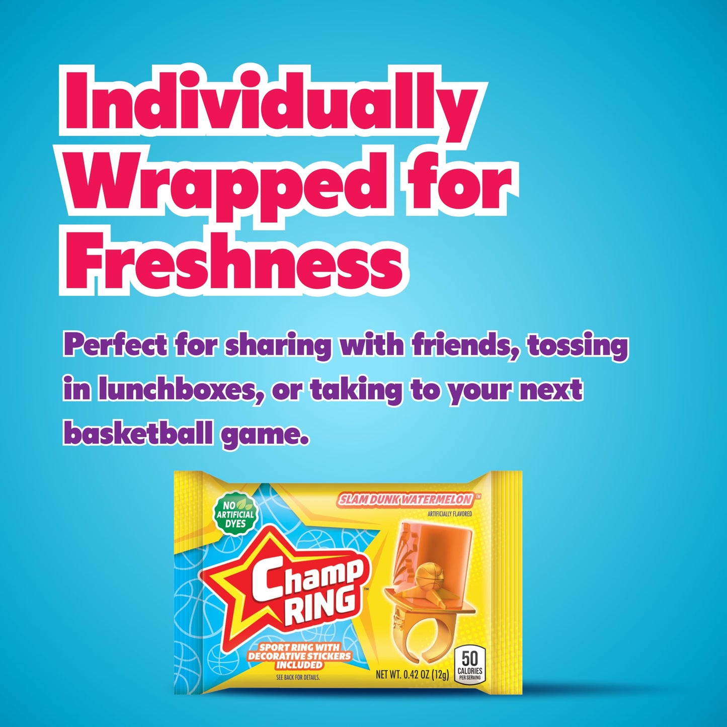 Champ Ring Basketball, Slam Dunk Watermelon - Sweet Watermelon Flavored Candy Rings - Individually Wrapped - No Artificial Color