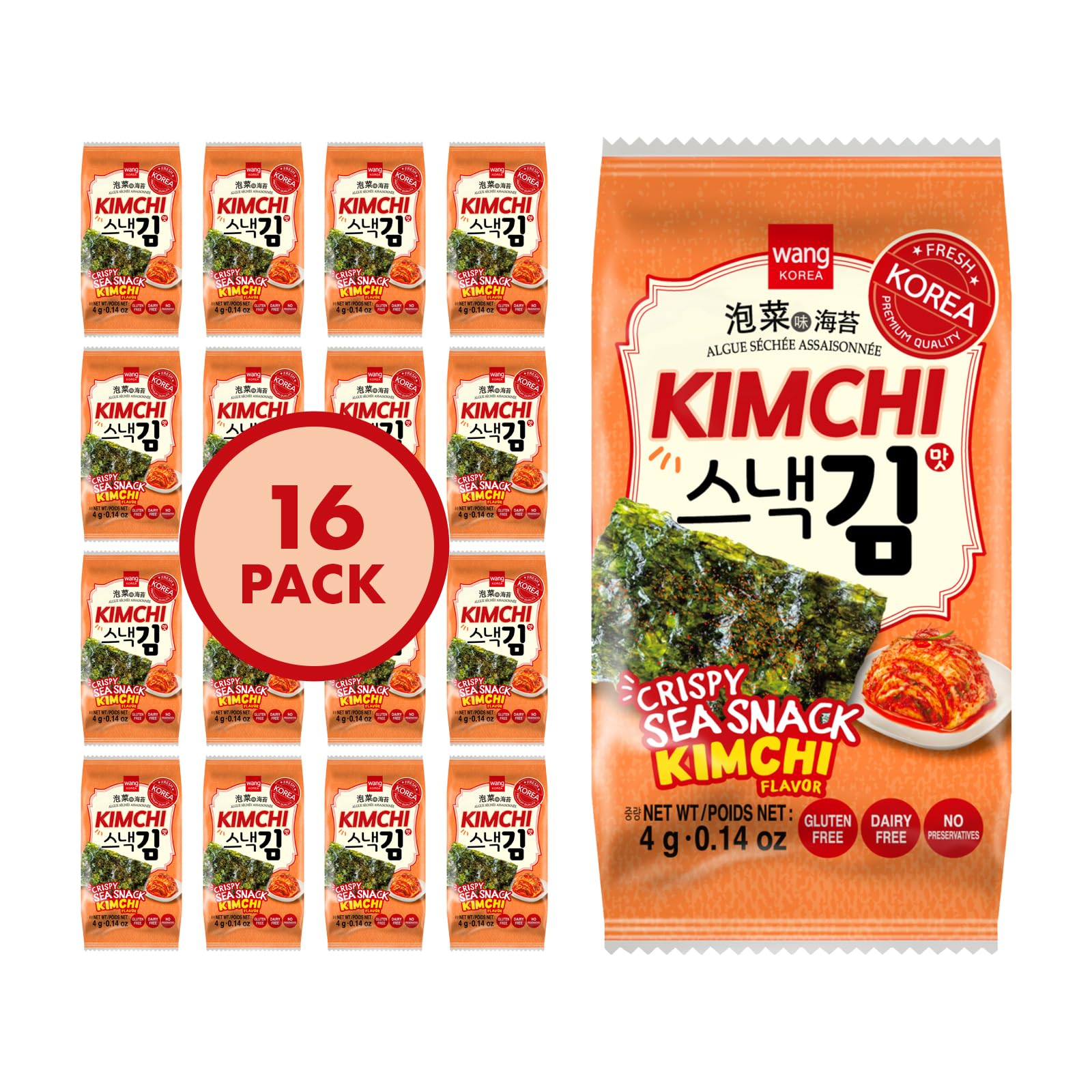Wang Korean Roasted Seaweed Snack, Kimchi Flavor, 0.14 oz (Pack of 16)
