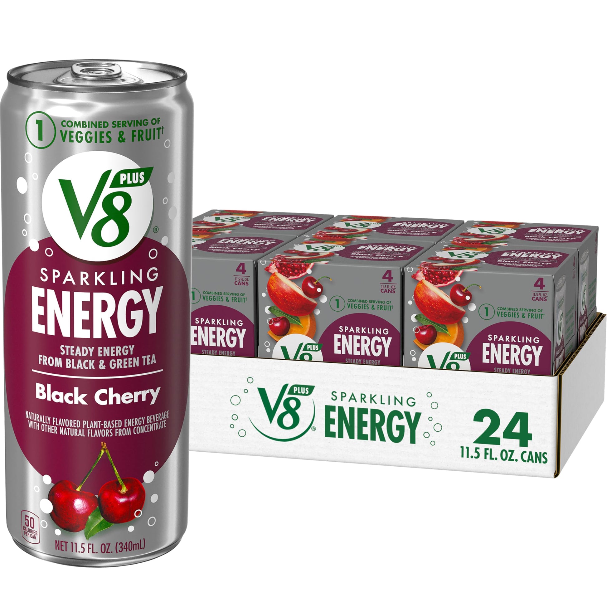 V8 +ENERGY Black Cherry Energy Drink, 11.5 FL OZ Can, Pack of 24, Made with Real Juices