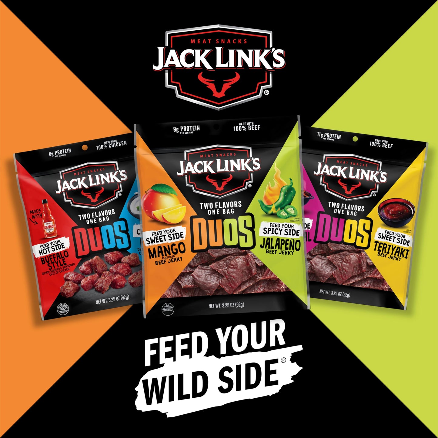 Jack Link s DUOs Jalapeo and Mango Beef Jerky  Shareable Under 100 Calories Snack Packs with 9g of Protein  Bulk Pack of Individual Bags of Meat Snacks - 3.25oz (4 Count)