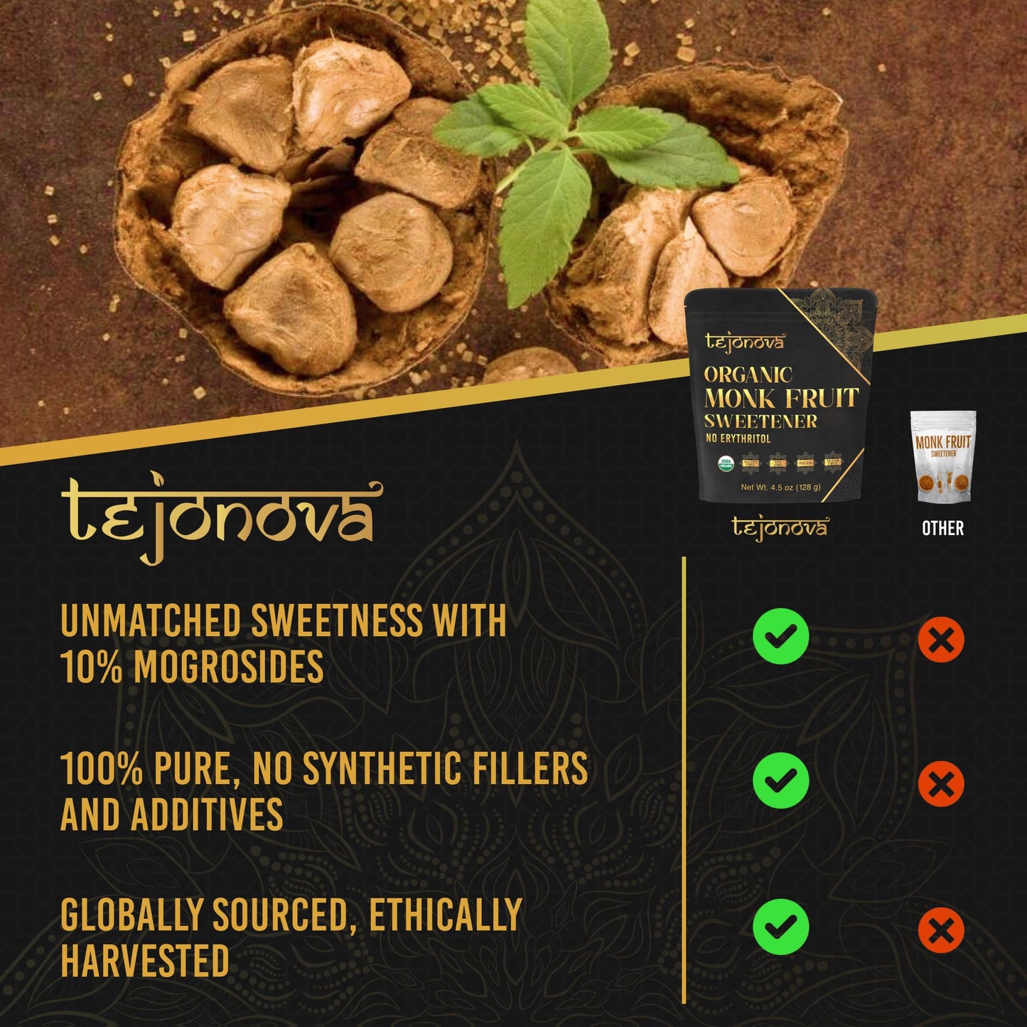 Tejonova Organic Monk Fruit Powder, Pure Sweetener, 4.5oz, No Erythritol, Monk Fruit Sugar Substitute