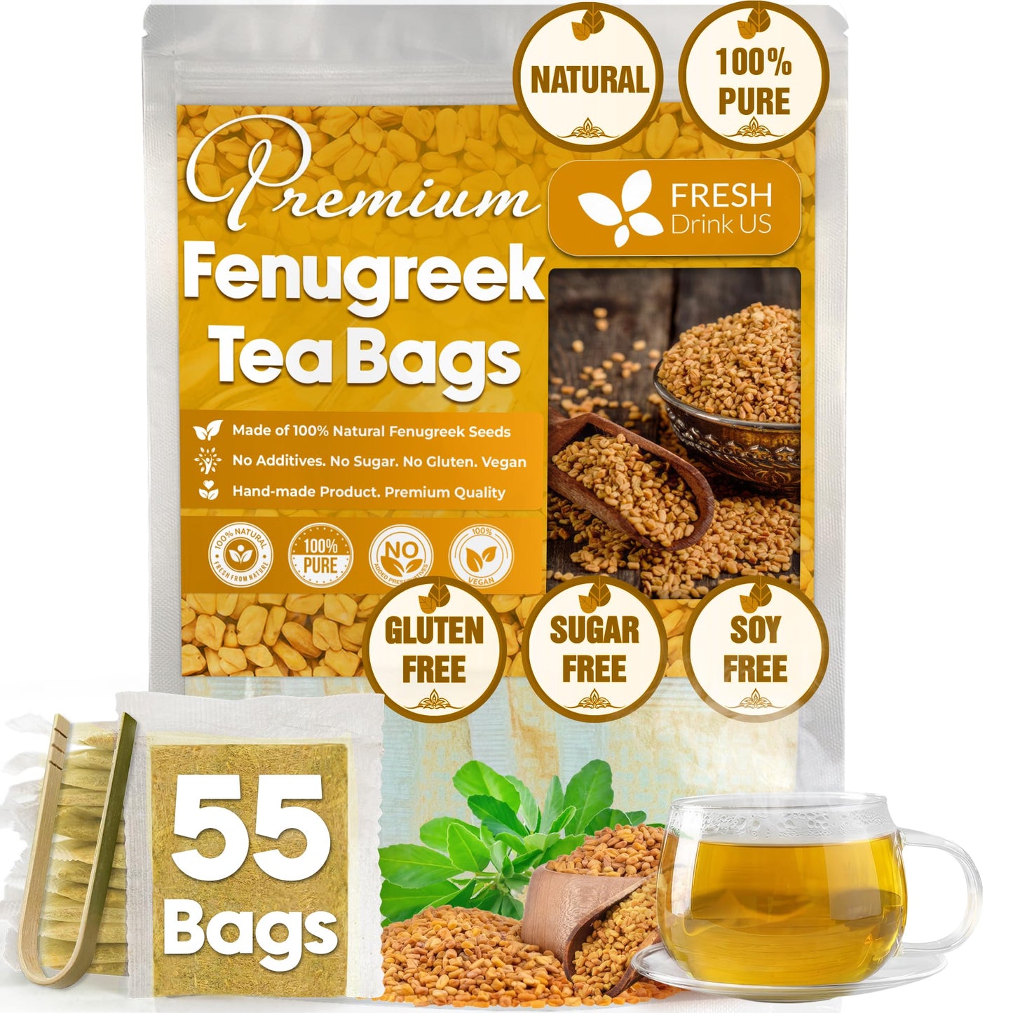 FRESHDRINKUS Fenugreek Herbal Tea - 100% Natural, Vegan, 55 Tea Bags