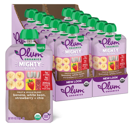 Plum Organics Mighty Builder Organic Toddler Food - Banana, White Bean, Strawberry, and Chia - 4 oz Pouch (Pack of 12) - Organic