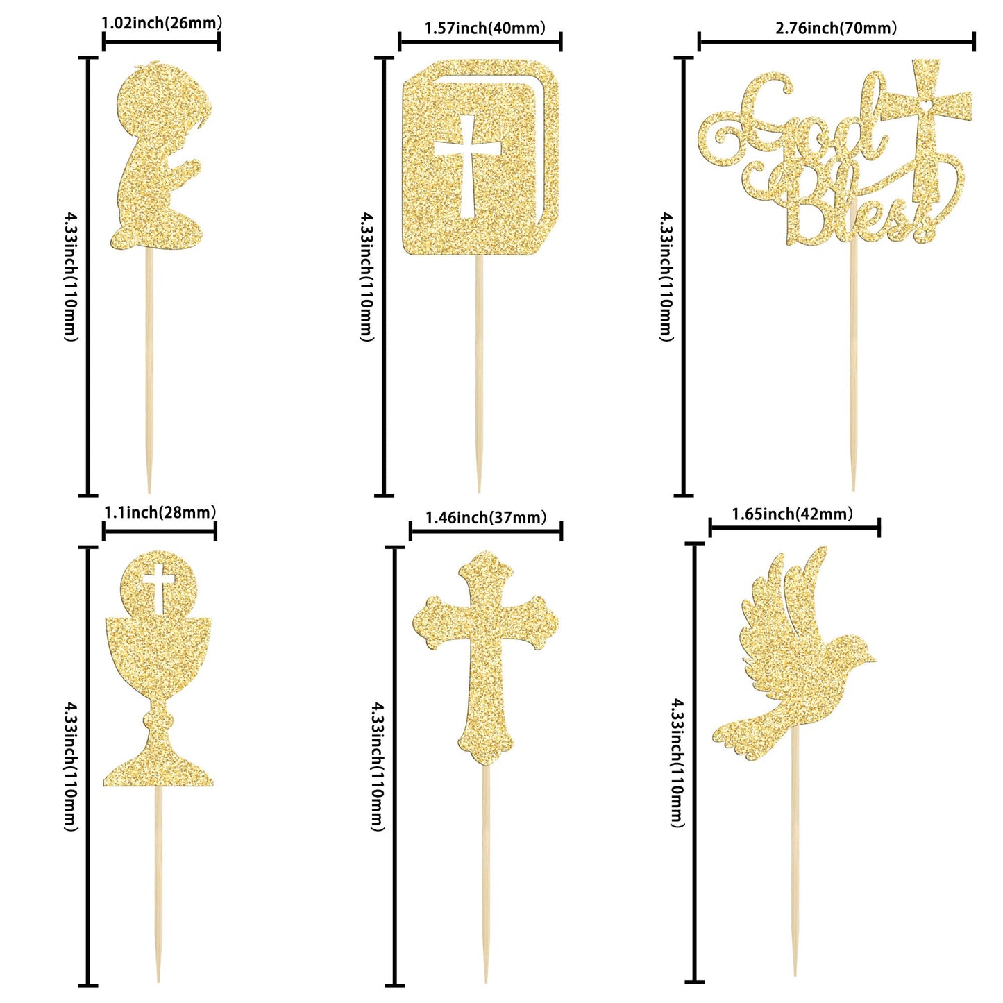 Gyufise Cupcake Toppers, 24Pcs Gold Glitter Cross and Dove, 1.3x4.9, Paper, Christian Baptism Baby Shower Birthday Party Decorations