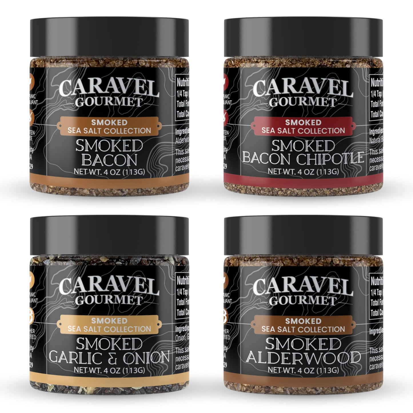 Alderwood Rich Flavor Sea Salt Mega Sampler  Rich Flavor Bacon Chipotle  Garlic & Onion Sea Salt  4 Oz Jar 4-Pack  Capartyl Gourmet