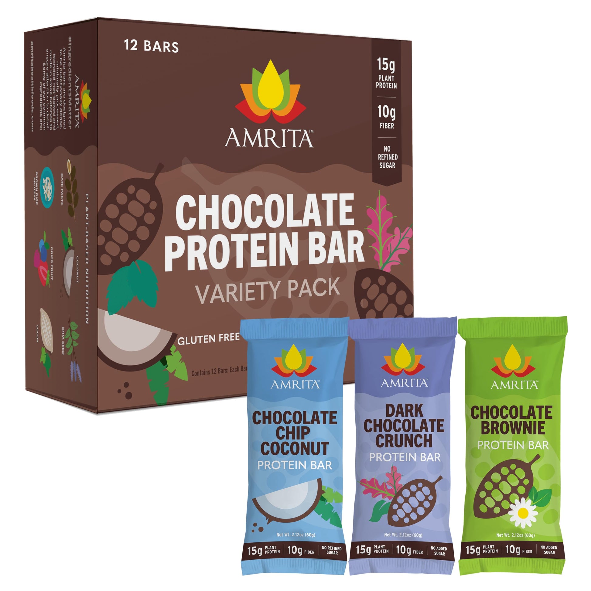 Amrita Chocolate Vegan Protein Bars Variety Pack, Peanut/Dairy Free, Soy & Gluten Free | 15G Plant Based Protein Bars, High Fibe